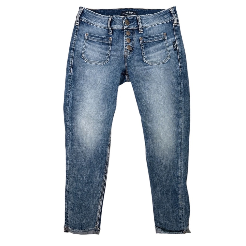 Silver Jeans Co Elyse Skinny Crop Medium‎ Wash Button Fly Raw Hem W27 L25